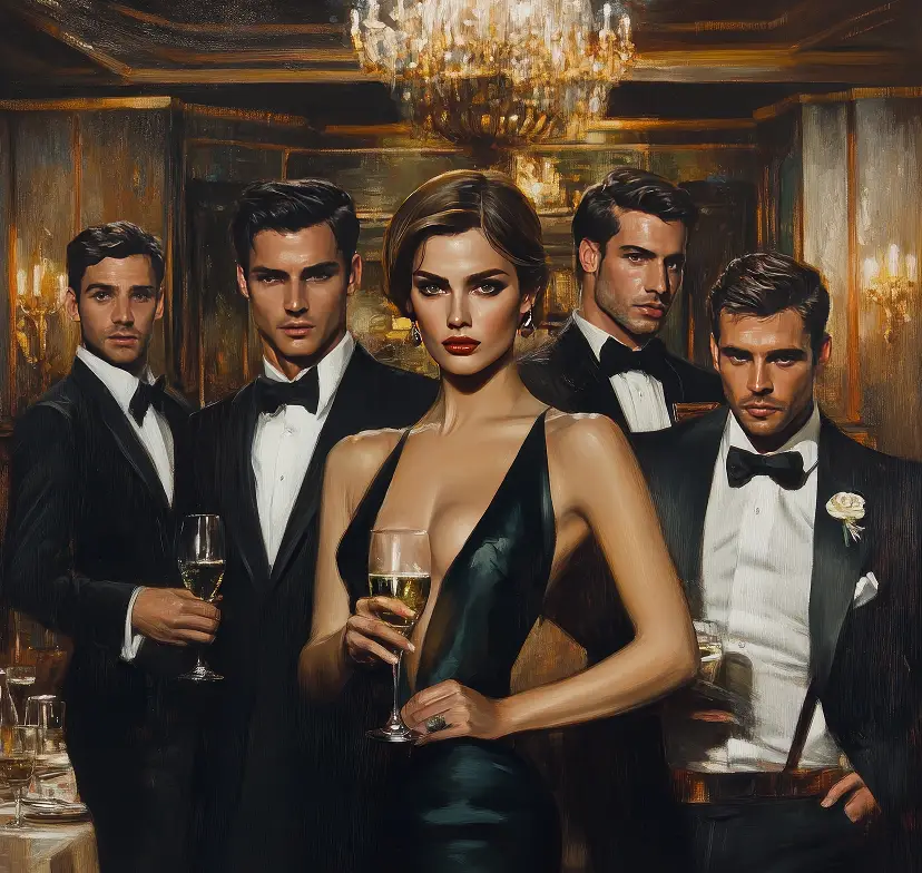 Een glamoureuze groep op een chique feest. Een zelfverzekerde vrouw in een strakke zwarte jurk houdt een champagneglas vast, omringd door vier mannen in smoking, onder een kroonluchter.